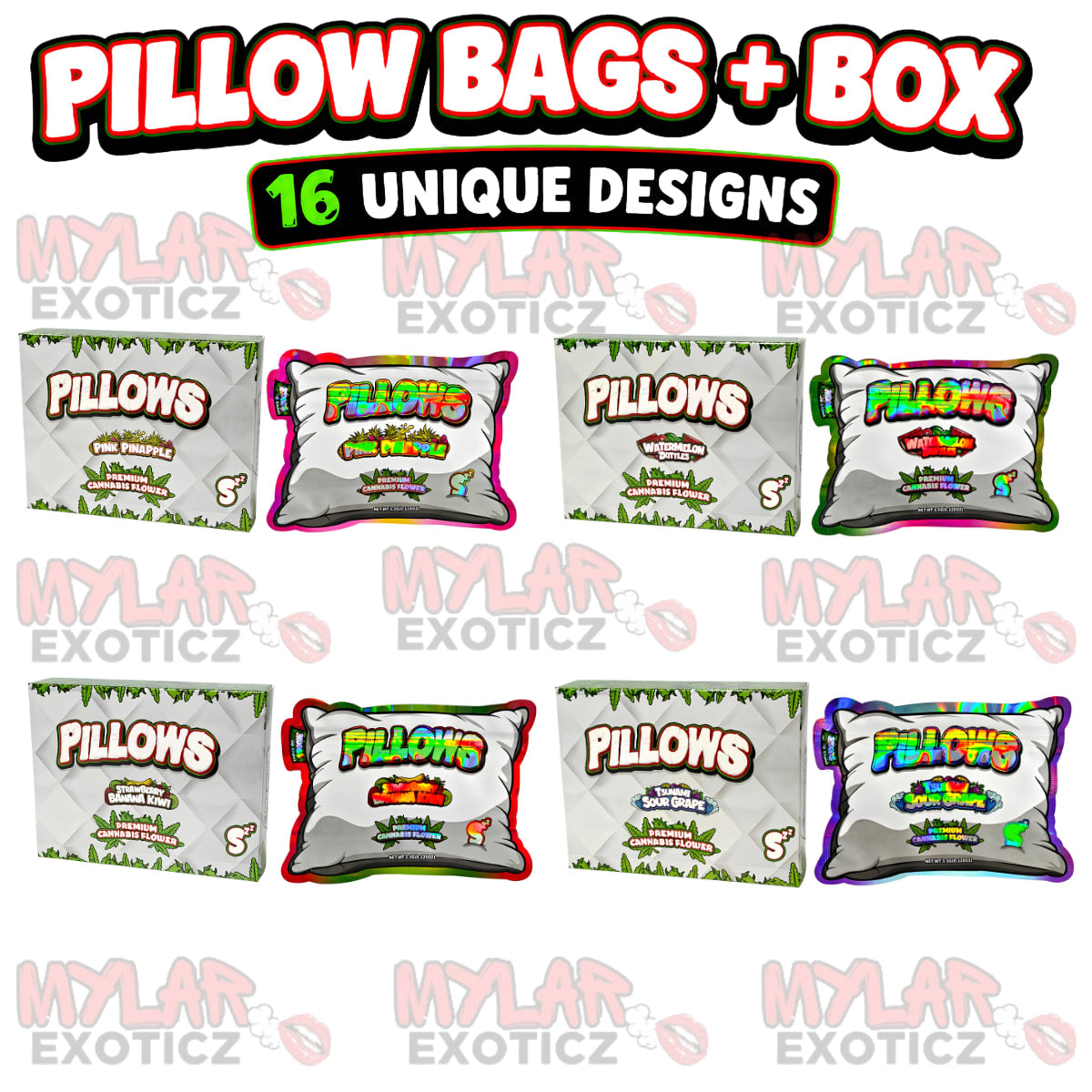 Pillow Matte Mylar Bags + Matching Boxes | 16-Pack Assorted Designs | 3.5g Resealable Storage Set