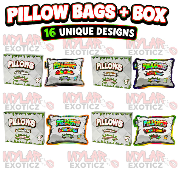 Pillow Matte Mylar Bags + Matching Boxes | 16-Pack Assorted Designs | 3.5g Resealable Storage Set