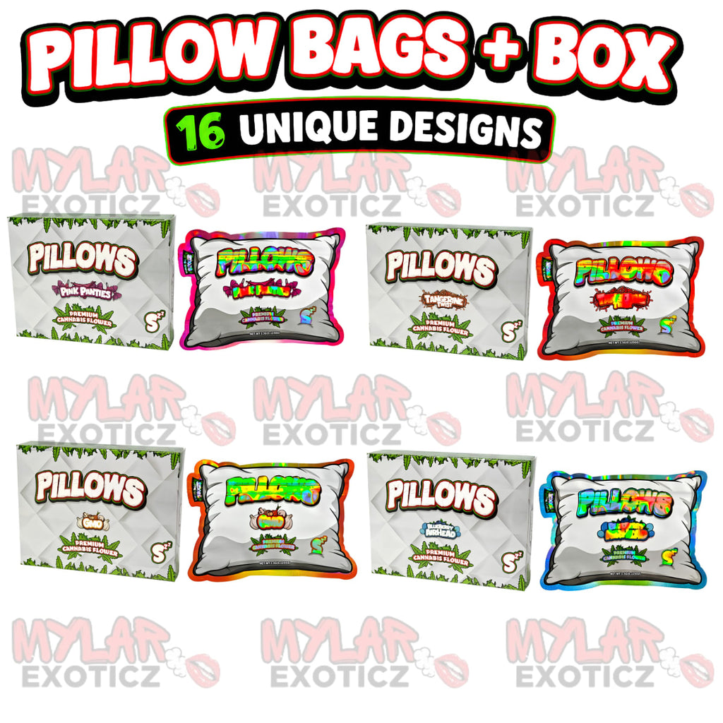 Pillow Matte Mylar Bags + Matching Boxes | 16-Pack Assorted Designs | 3.5g Resealable Storage Set