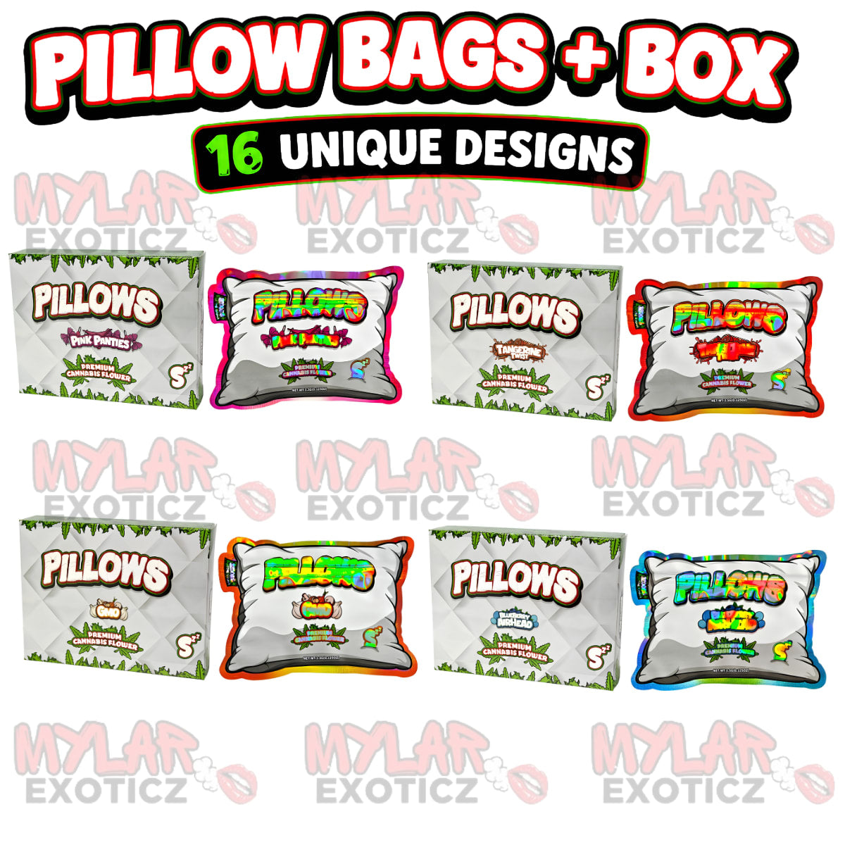 Pillow Matte Mylar Bags + Matching Boxes | 16-Pack Assorted Designs | 3.5g Resealable Storage Set