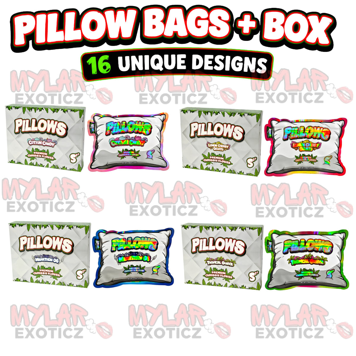 Pillow Matte Mylar Bags + Matching Boxes | 16-Pack Assorted Designs | 3.5g Resealable Storage Set