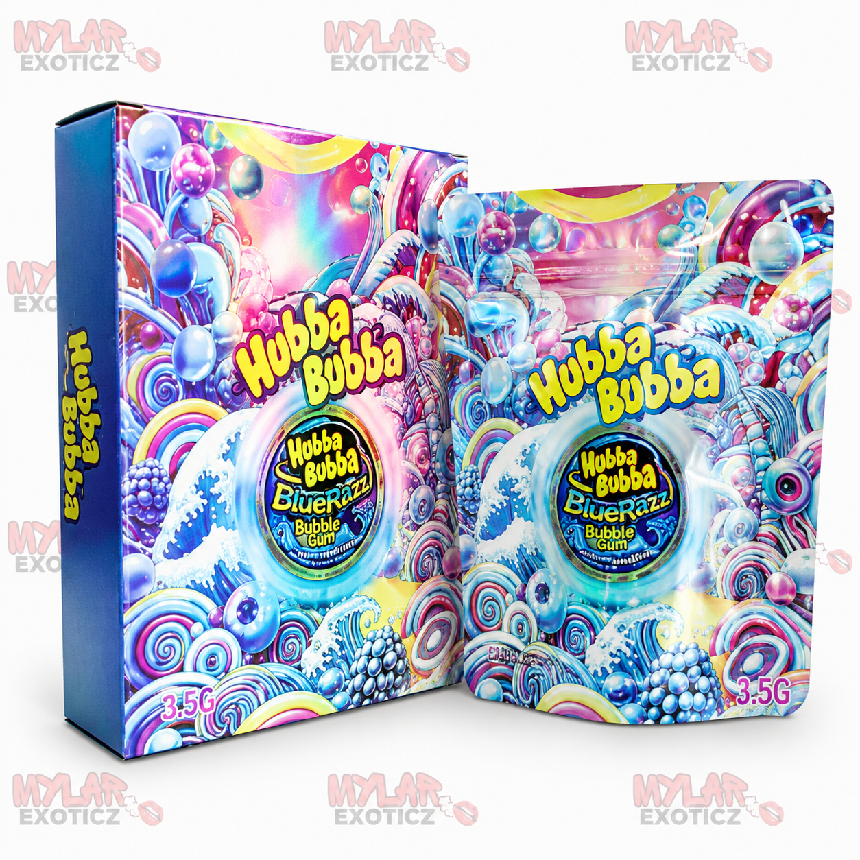 Hubba Bubba Bubble Tape Sour Blue Raspberry Mylar Bags + Matching Boxes | 3.5g Exotic Resealable Storage Set
