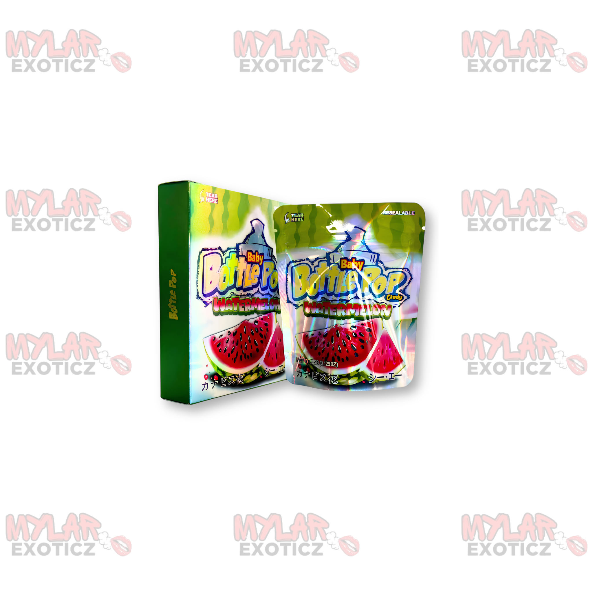 Baby Bottle Pop Watermelon Mylar Bags + Matching Boxes | 3.5g Exotic Resealable Storage Set