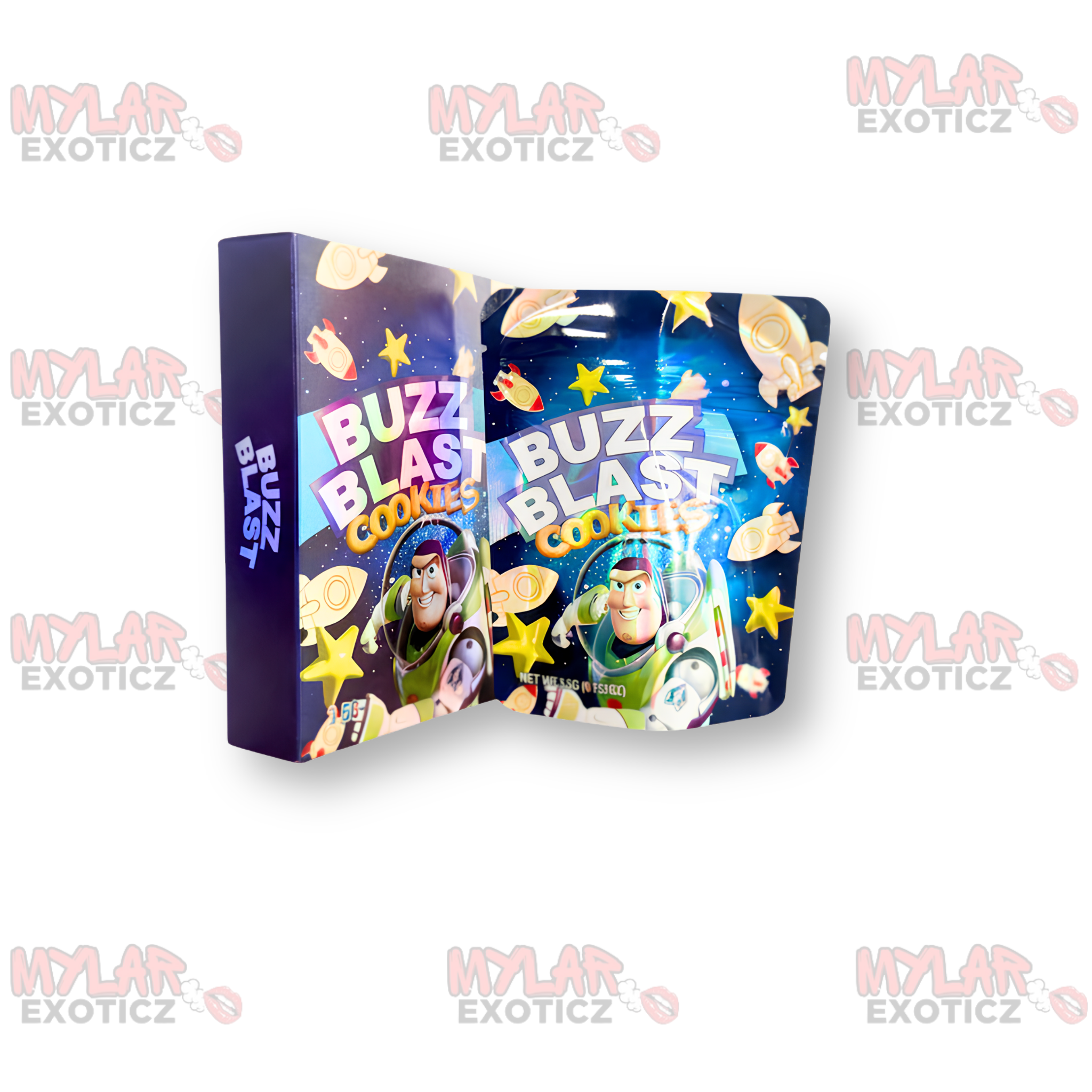 Buzz Blast Cookies Mylar Bags + Matching Boxes | 3.5g Exotic Resealable Storage Set