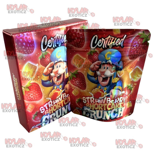 Certified Strawberry Shortcake Crunch Mylar Bags + Boxes | 100pc 3.5g Exotic Holographic Resealable Storage Set Mylar Exoticz