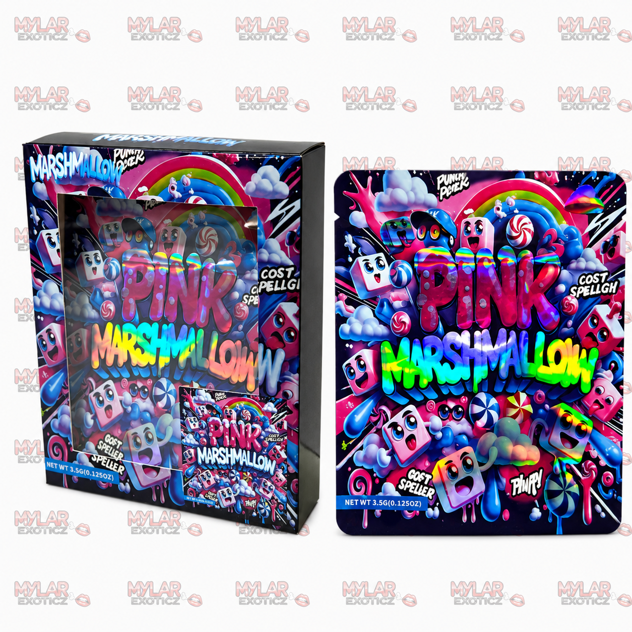Pink Marshmallow Mylar Bags + Matching Window Boxes | 3.5g Exotic Resealable Storage Set