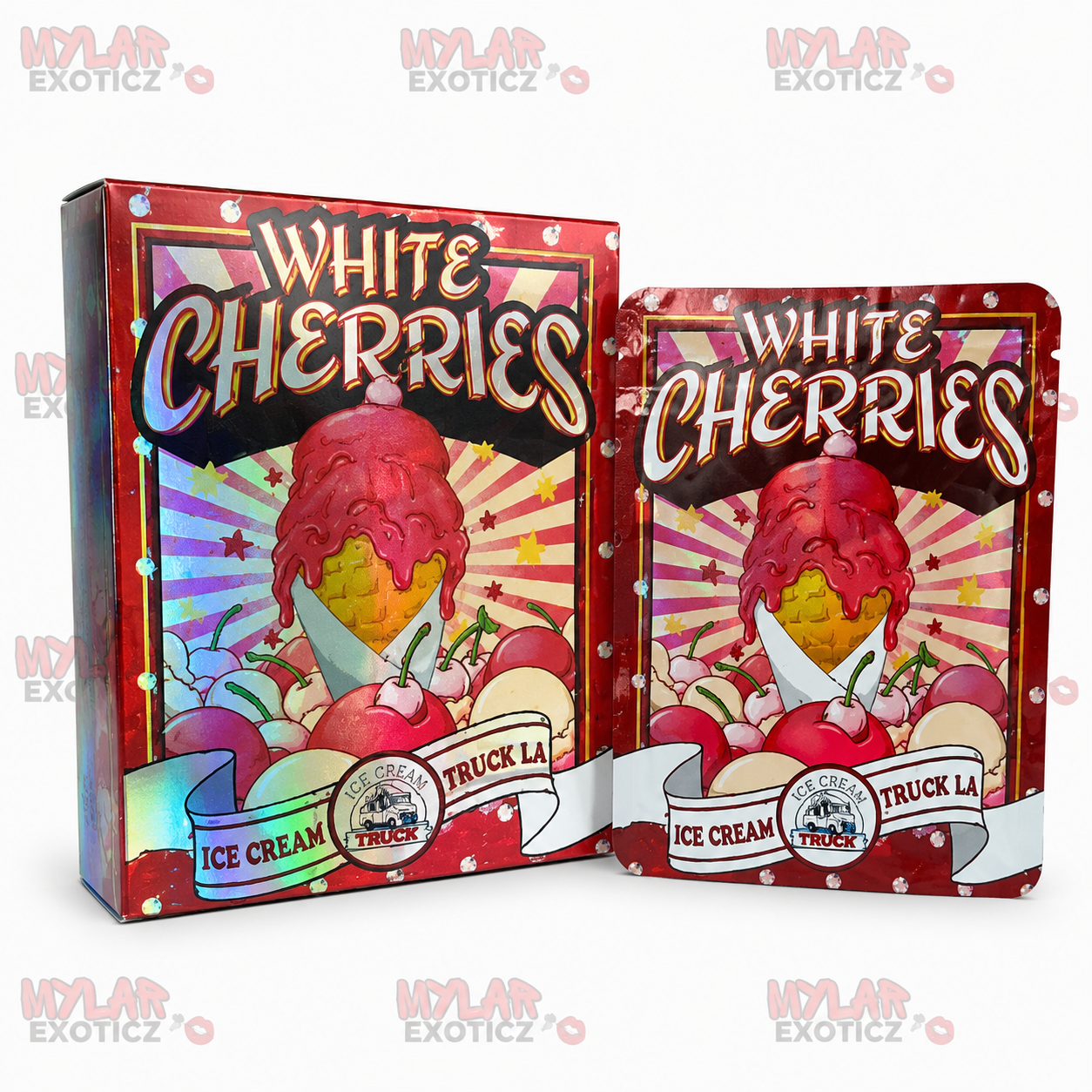 White Cherries Mylar Bags + Matching Boxes | 3.5g Exotic Resealable Storage Set