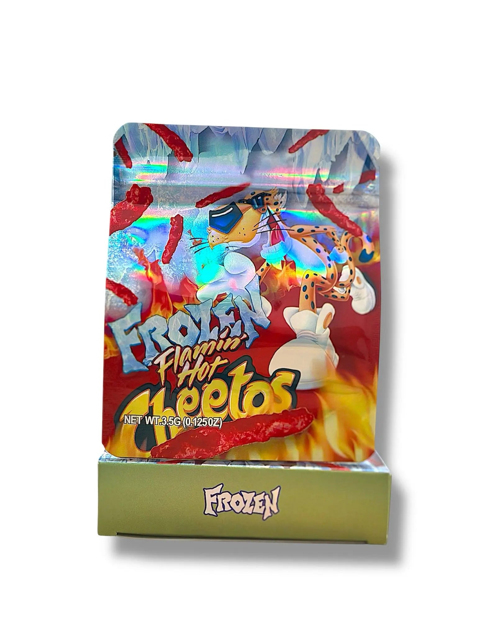 Frozen Flamin' Hot Cheetos Mylar Bags + Boxes | 100pc 3.5g Exotic Storage Set Mylar Exoticz