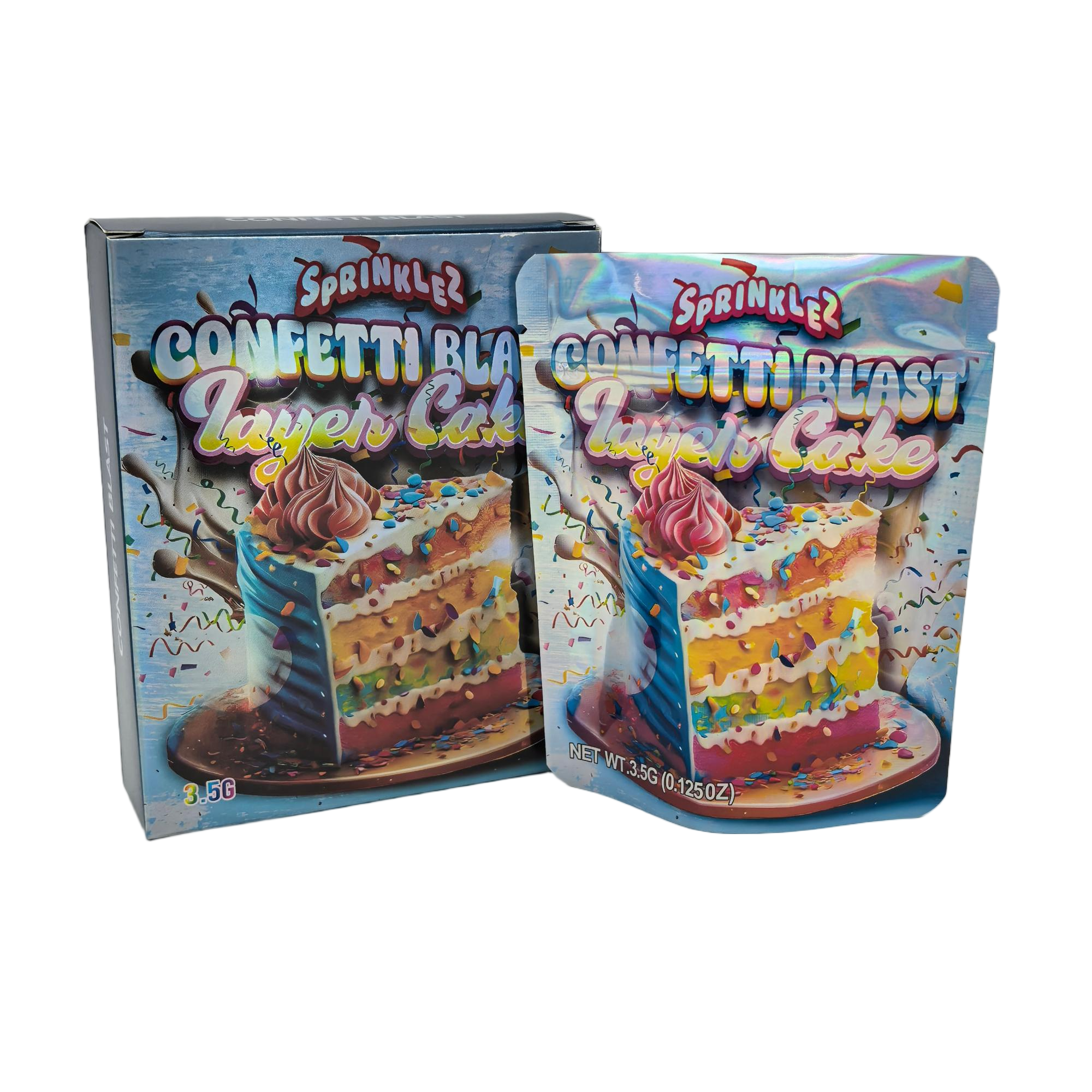 Sprinklez Confetti Blast Layer Cake Mylar Bags + Matching Boxes | 3.5g Exotic Resealable Storage Set