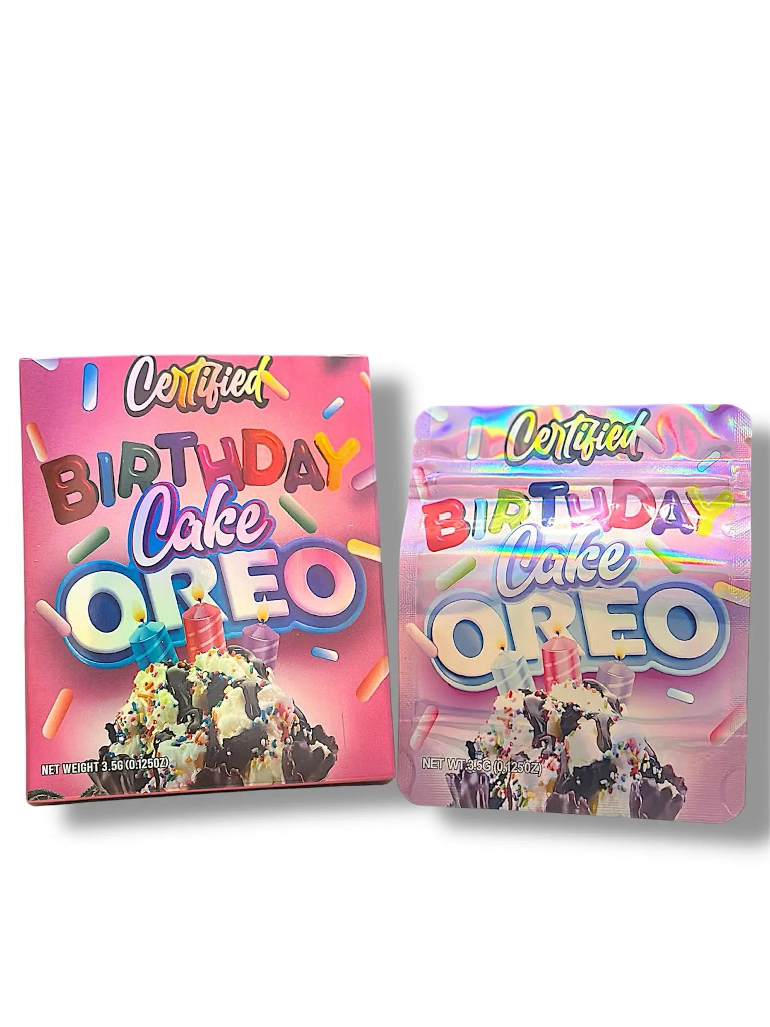 Oreo Birthday Cake Mylar Bags + Boxes | 100pc 3.5g Exotic Storage Set Cookies