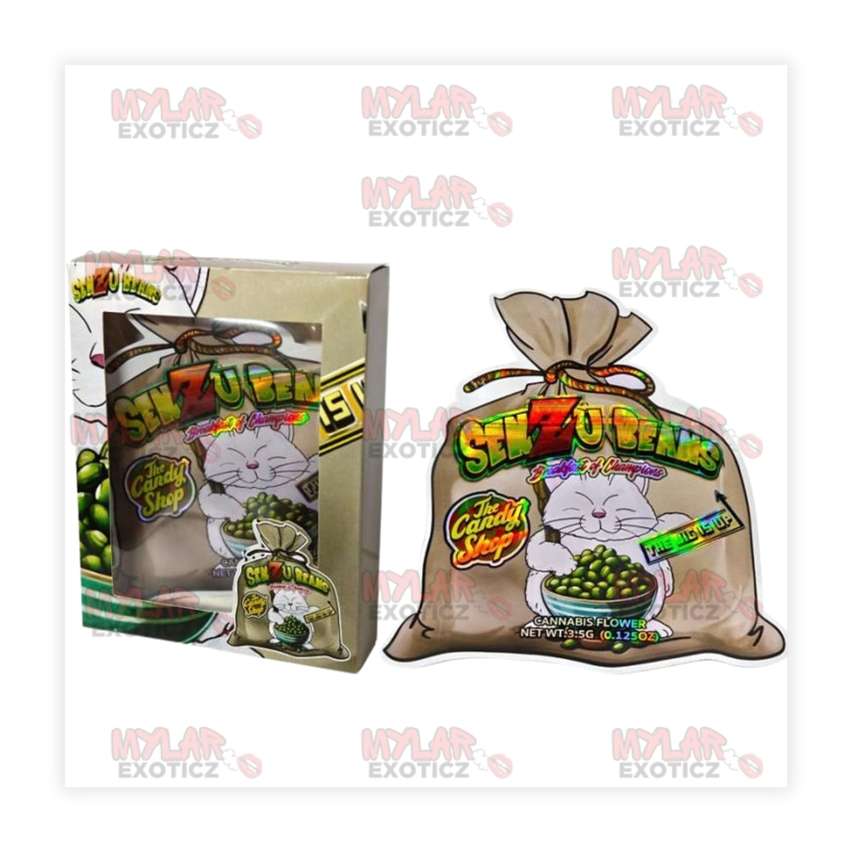 Shizubear Green Pea Candy Mylar Bags + Matching Window Boxes | 3.5g Exotic Resealable Storage Set Mylar Exoticz