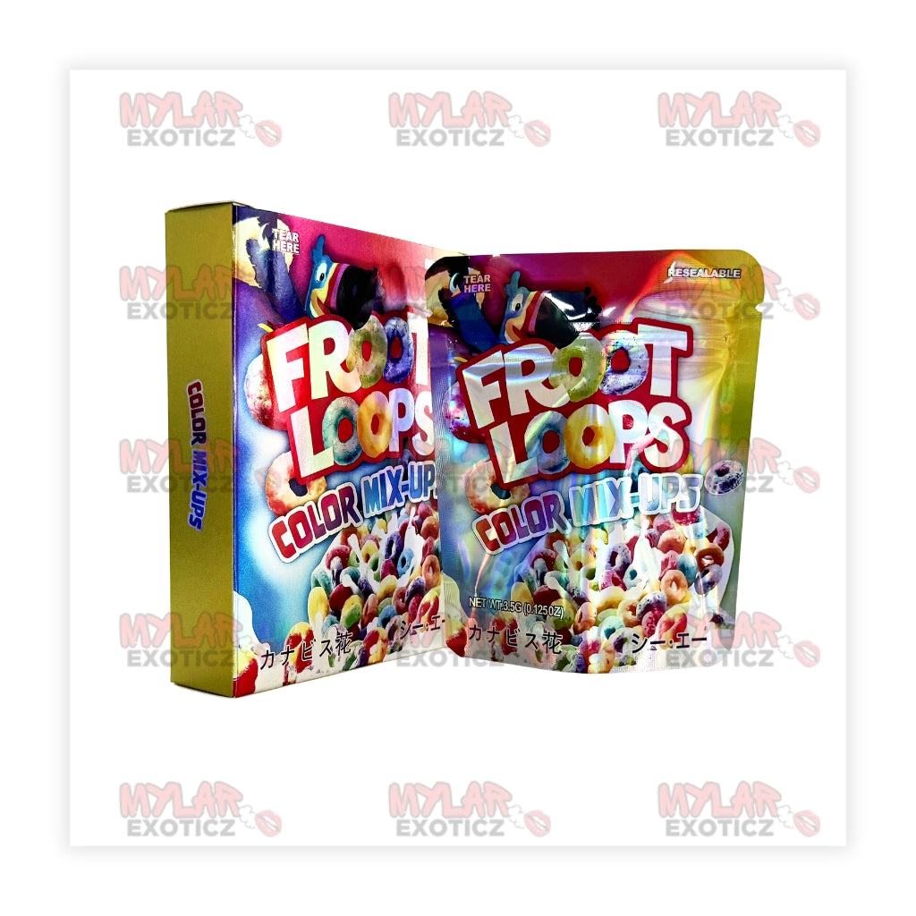 Color Mixups Fruit Rings Cereal Mylar Bags + Matching Boxes | 3.5g Exotic Resealable Storage Set Mylar Exoticz