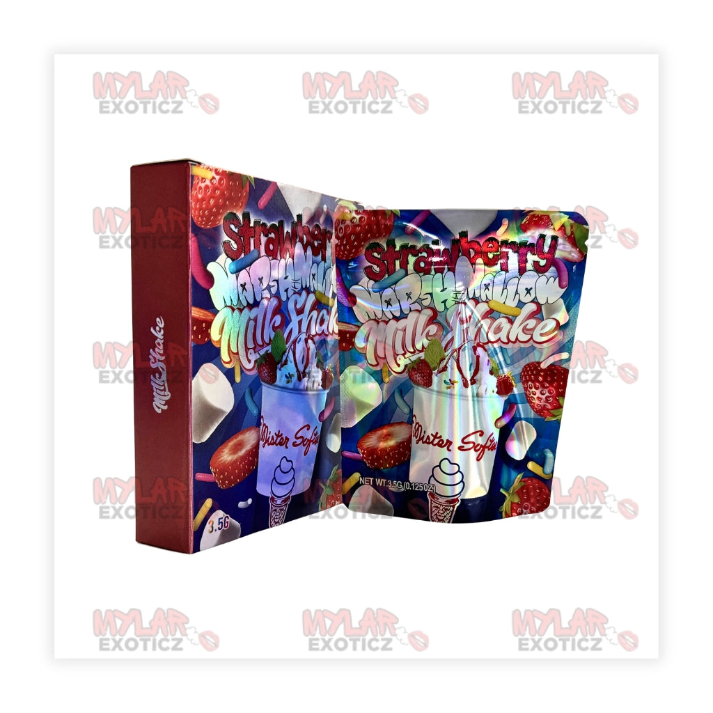 Strawberry Marshmallow Milkshake Mylar Bags + Matching Boxes | 3.5g Exotic Resealable Storage Set Mylar Exoticz