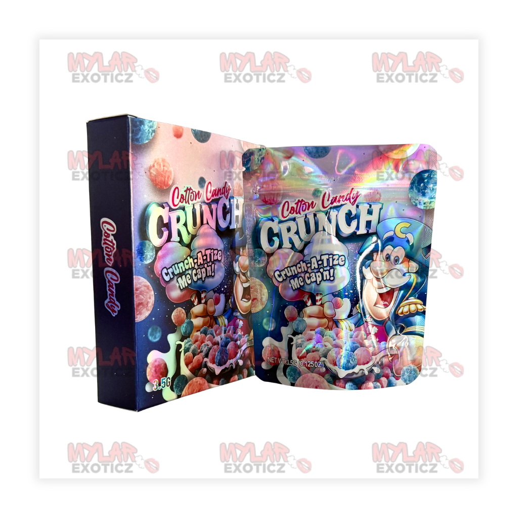 Cotton Candy Crunch Mylar Bags + Matching Boxes | 3.5g Exotic Resealable Storage Set Mylar Exoticz