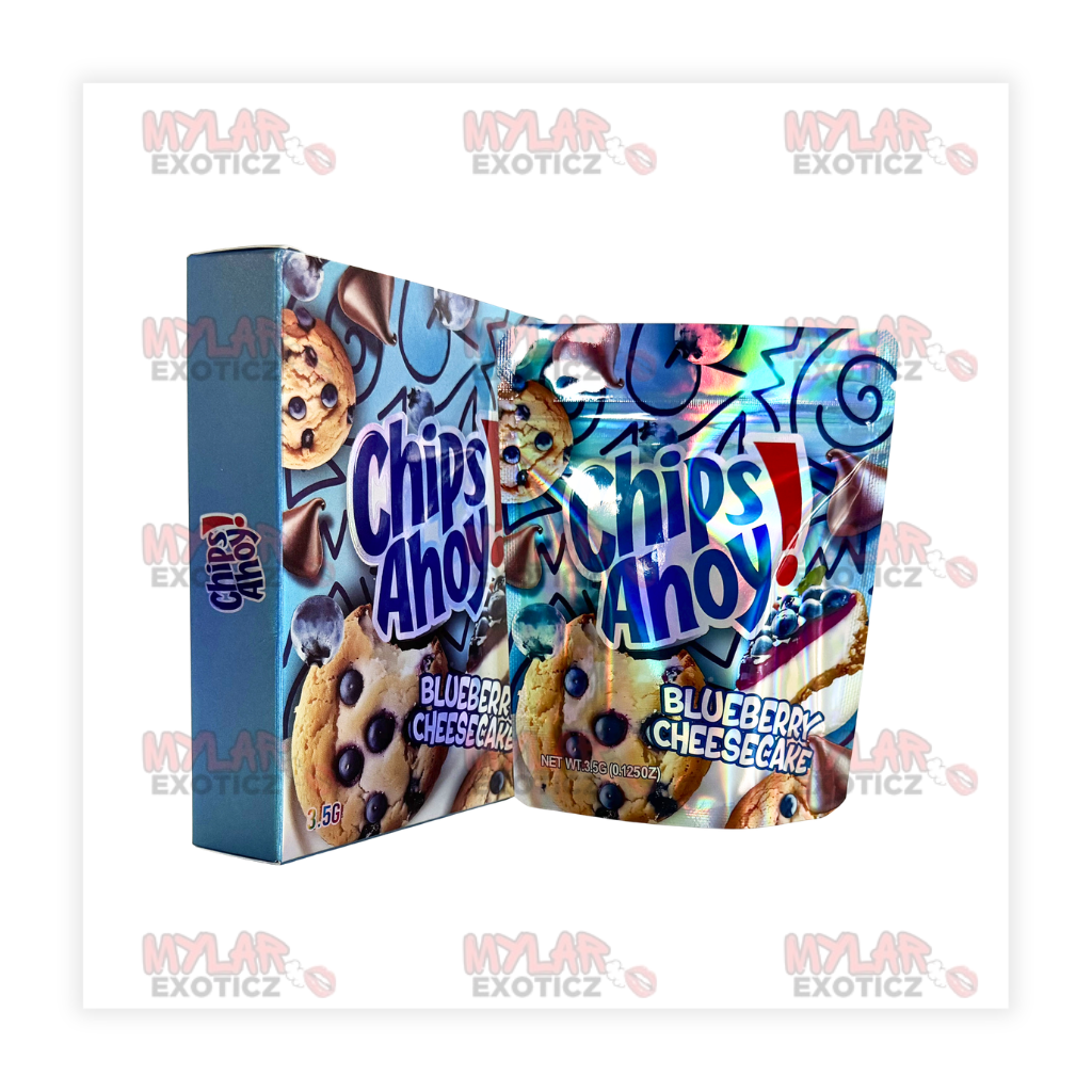 Blueberry Cheesecake Cookie Mylar Bags + Matching Boxes | 3.5g Exotic Resealable Storage Set Mylar Exoticz