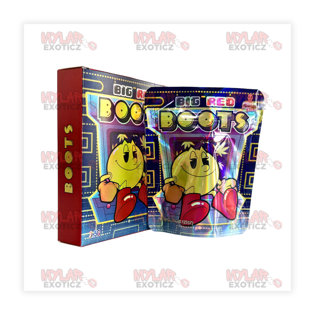 Arcade Maze Red Boots Mylar Bags + Matching Boxes | 3.5g Exotic Resealable Storage Set Mylar Exoticz