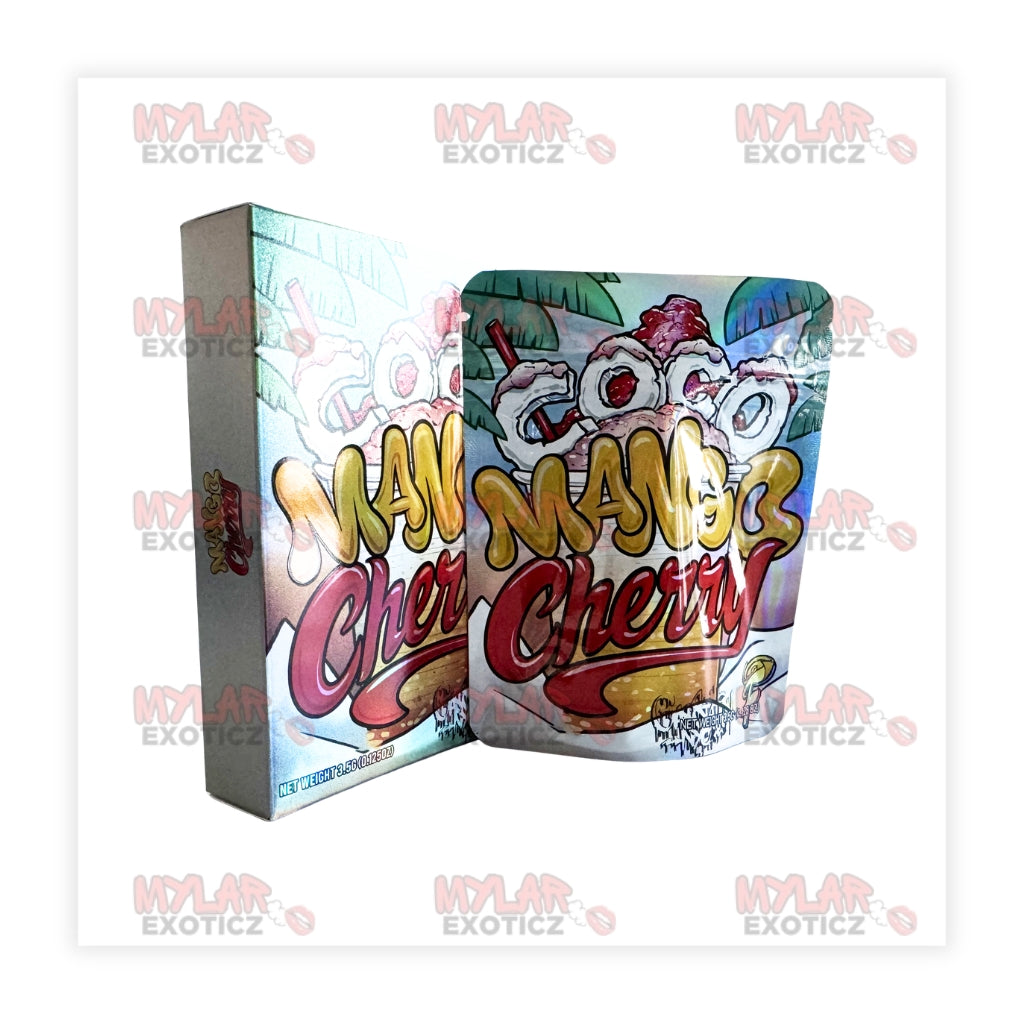 Coco Mango Cherry Mylar Bags + Matching Boxes | 3.5g Exotic Resealable Storage Set Mylar Exoticz