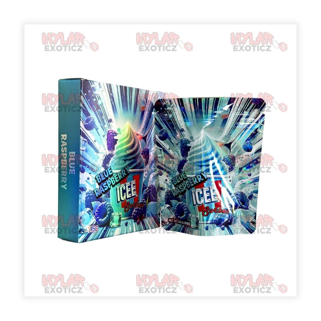 Blue Raspberry Slush Sorbet Mylar Bags + Matching Boxes | 3.5g Exotic Resealable Storage Set Mylar Exoticz