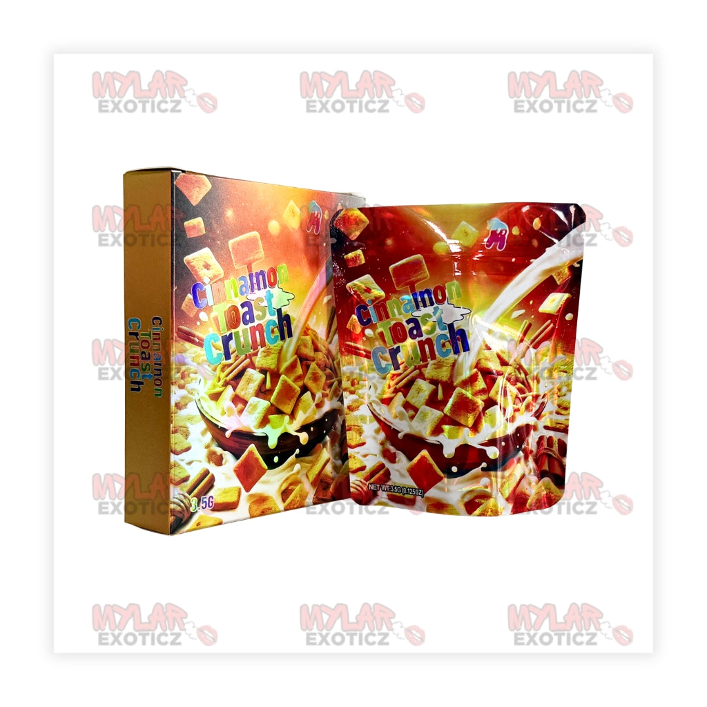 Cinnamon Sugar Crunch Cereal Mylar Bags + Matching Boxes | 3.5g Exotic Resealable Storage Set Mylar Exoticz