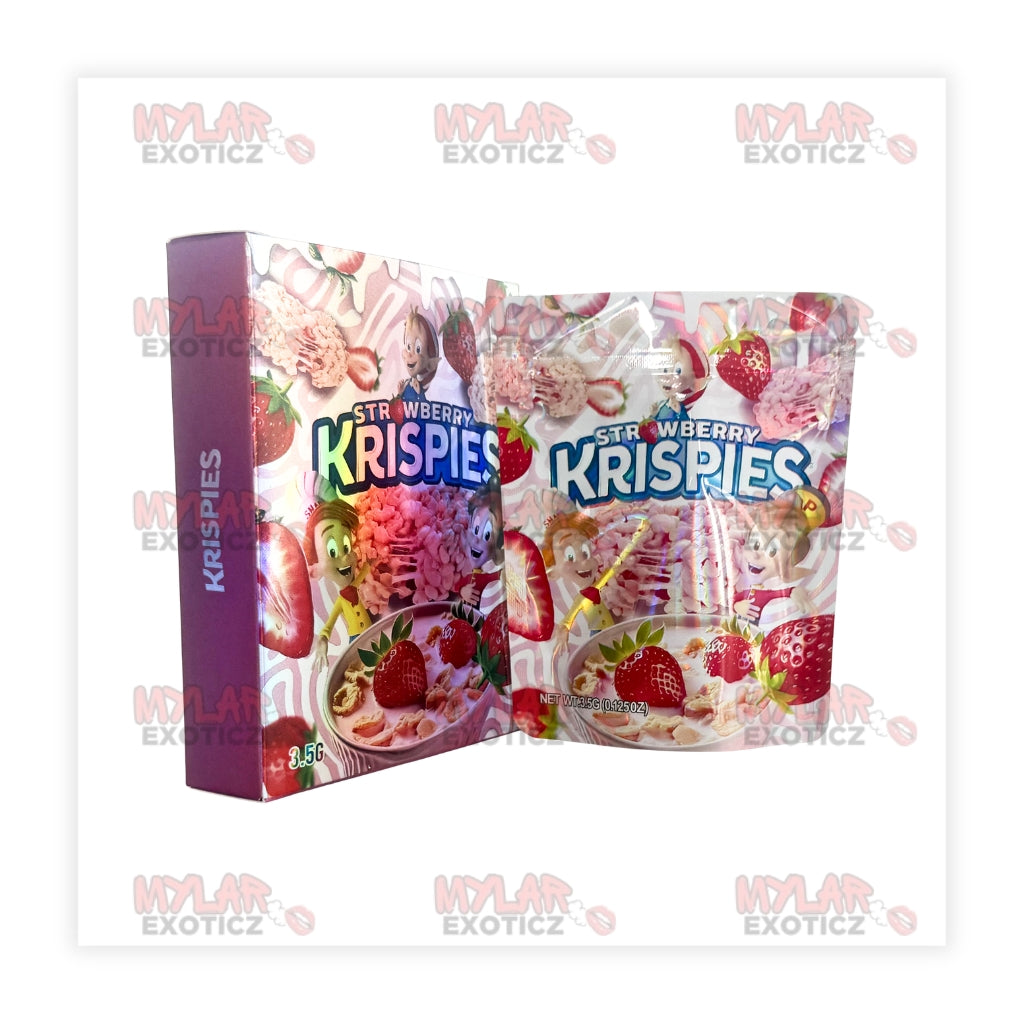 Strawberry Krispies Mylar Bags + Matching Boxes | 3.5g Exotic Resealable Storage Set Mylar Exoticz