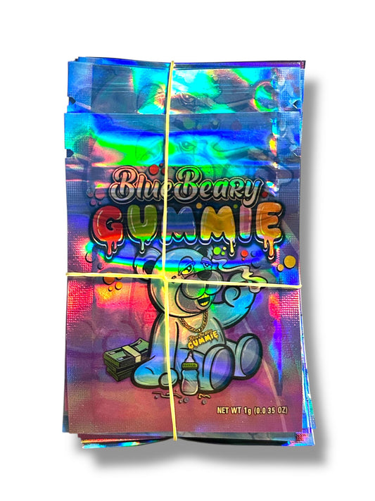 Blue Beary Gummie Mylar Bags | 100pc 1g Exotic Resealable Storage Set Mylar Exoticz