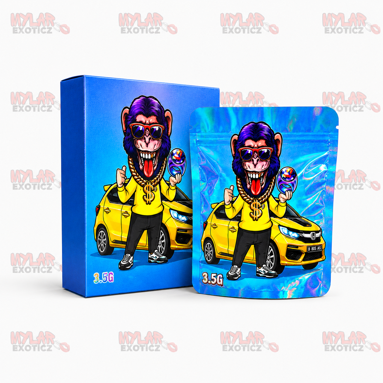 Monkey Ring Mylar Bags + Matching Boxes | 3.5g Exotic Resealable Storage Set