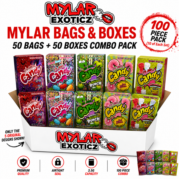 Mylar Bags & Matching Boxes Combo Pack – 100 Pieces Total (50 Bags + 50 Boxes) | 5 Design Variety Pack | 3.5g Storage Packaging