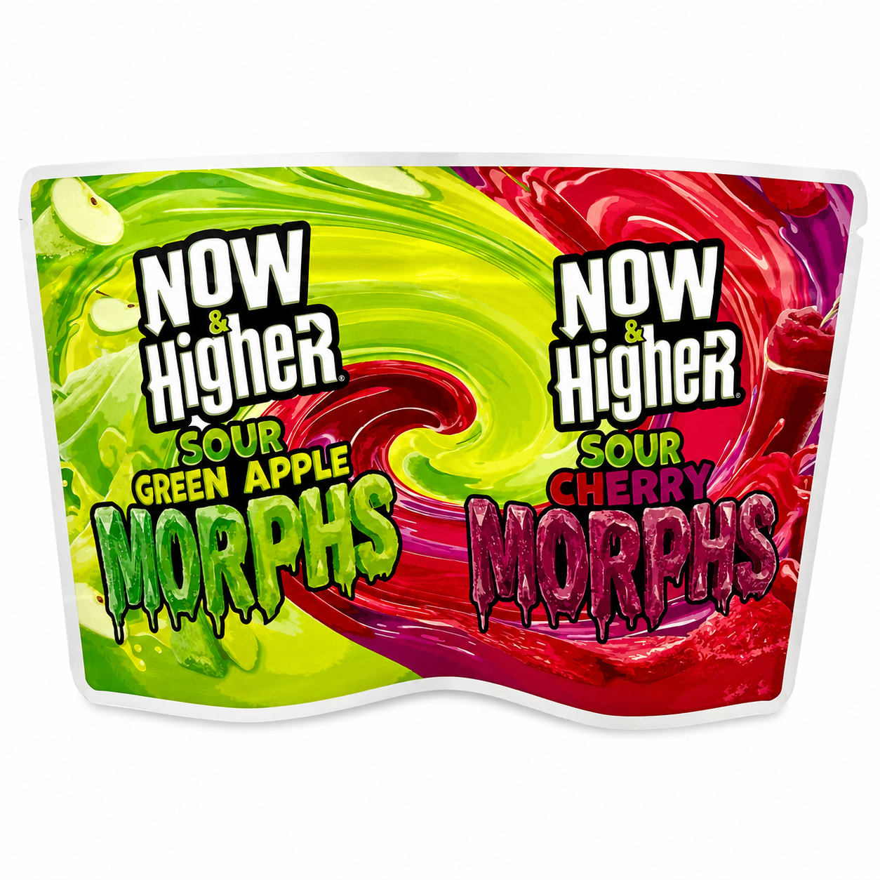 Now & Higher Sour Green Apple Morphs x Sour Cherry Morphs 2-in-1 Mylar Bags | 7g Exotic Resealable Storage Bags
