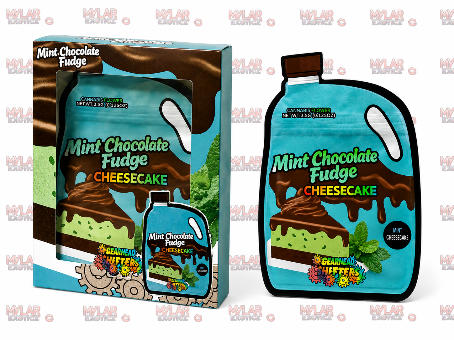 Mint Chocolate Fudge Cheesecake Mylar Bags + Matching Window Boxes | 3.5g Exotic Resealable Storage Set