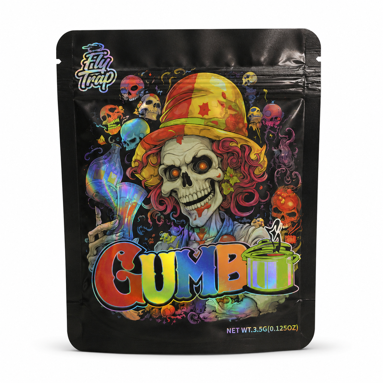 Gumbo Skeleton Mylar Bags | 3.5g Holographic Resealable Storage Bags