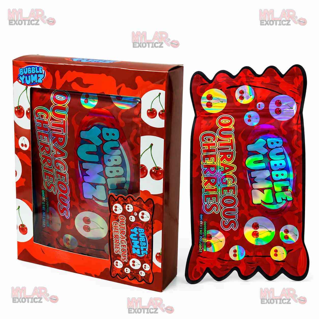 Bubble Yums Outrageous Cherries Mylar Bags + Matching Window Boxes | 3.5g Exotic Resealable Storage Set