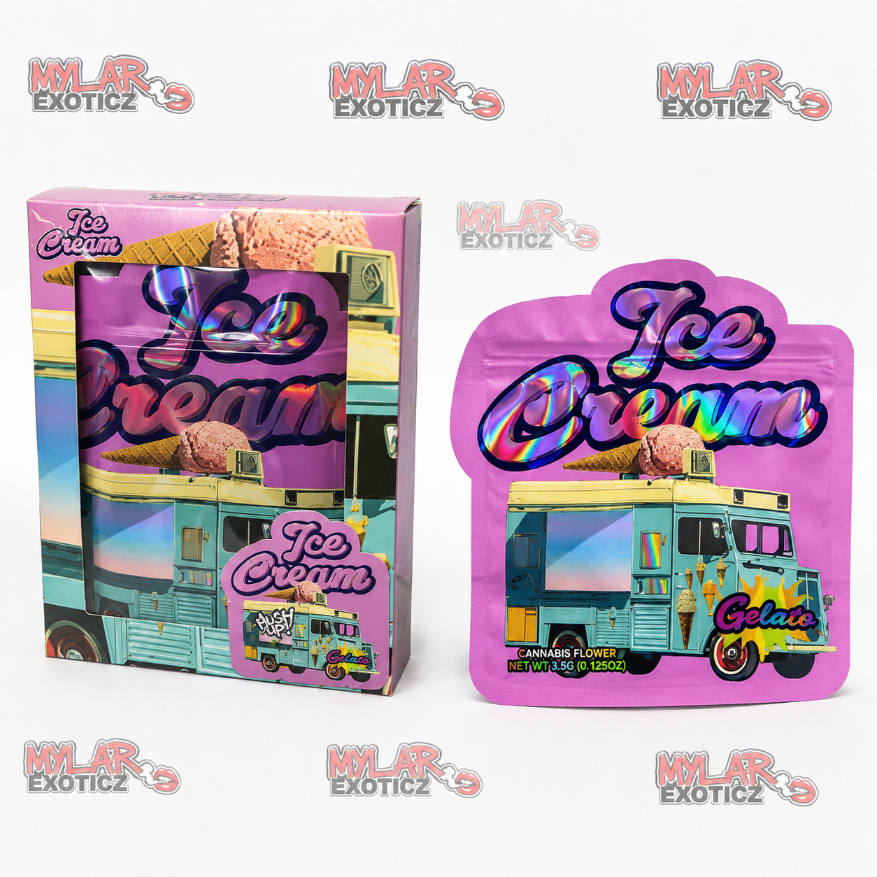 Ice Cream Truck Mylar Bags + Matching Window Boxes | 3.5g Exotic Resealable Storage Set