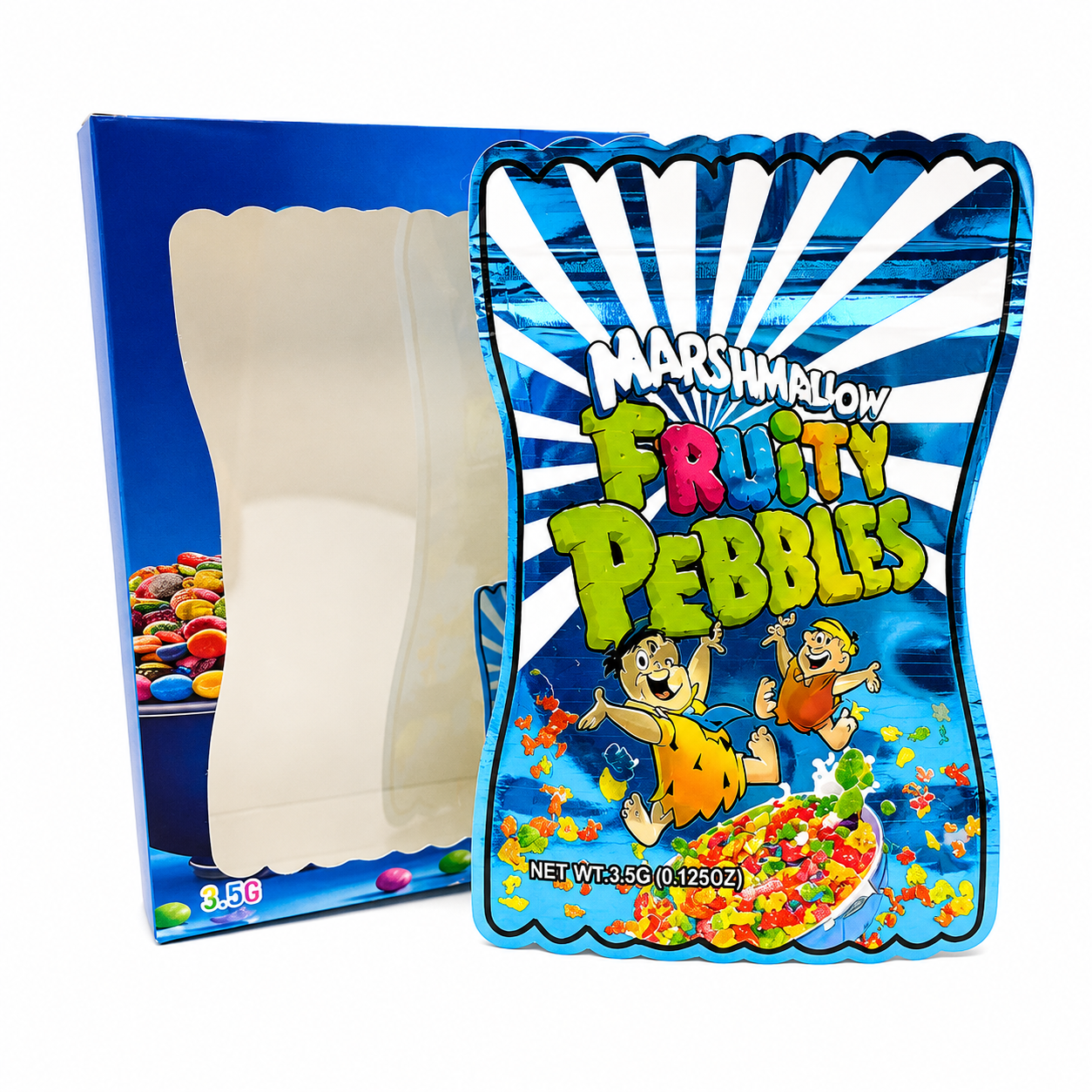 Marshmallow Fruity Pebbles Mylar Bags + Matching Window Boxes | 3.5g Exotic Resealable Storage Set