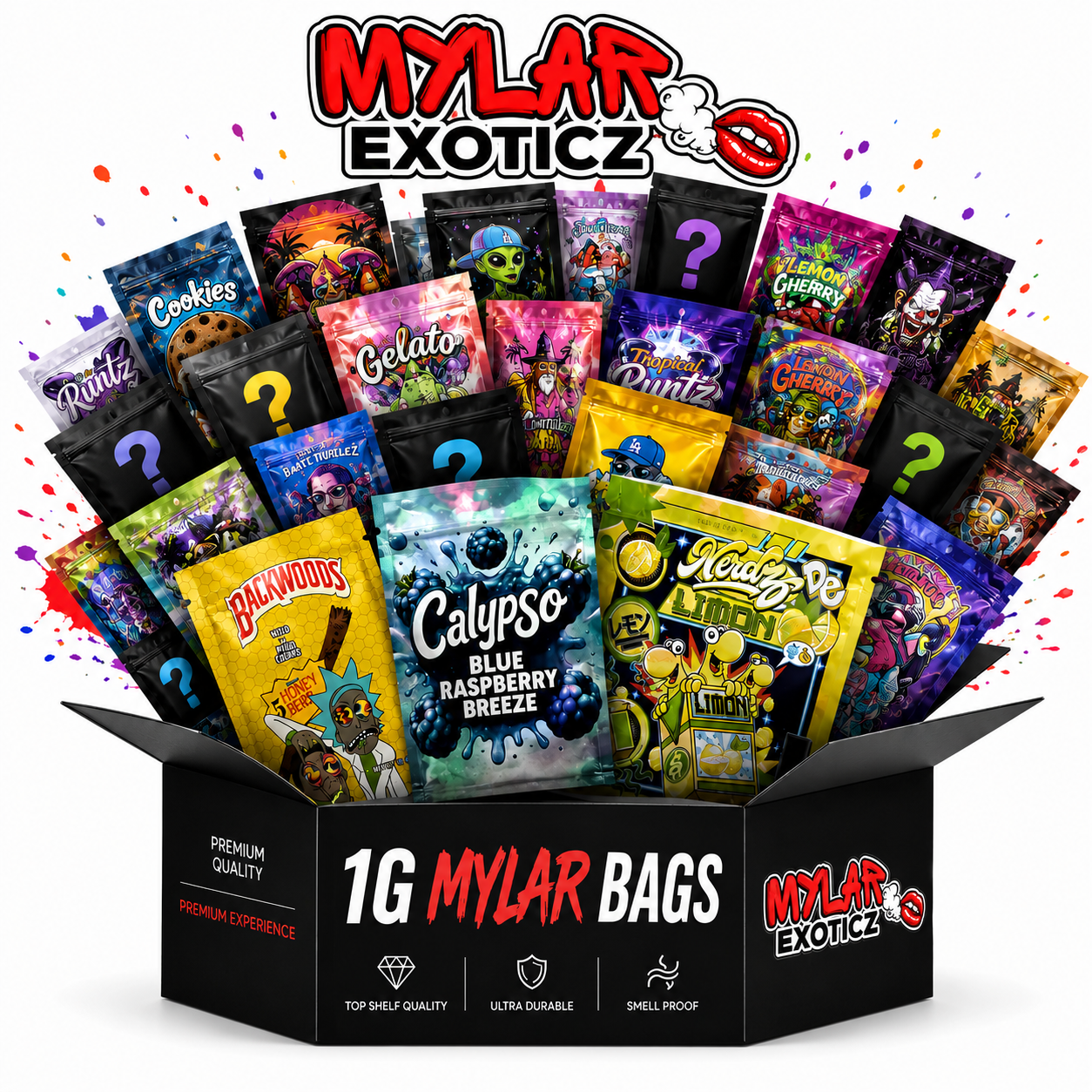 1g Mylar Bags Variety Pack | 100 Pack Assorted Exotic Resealable Storage Bags