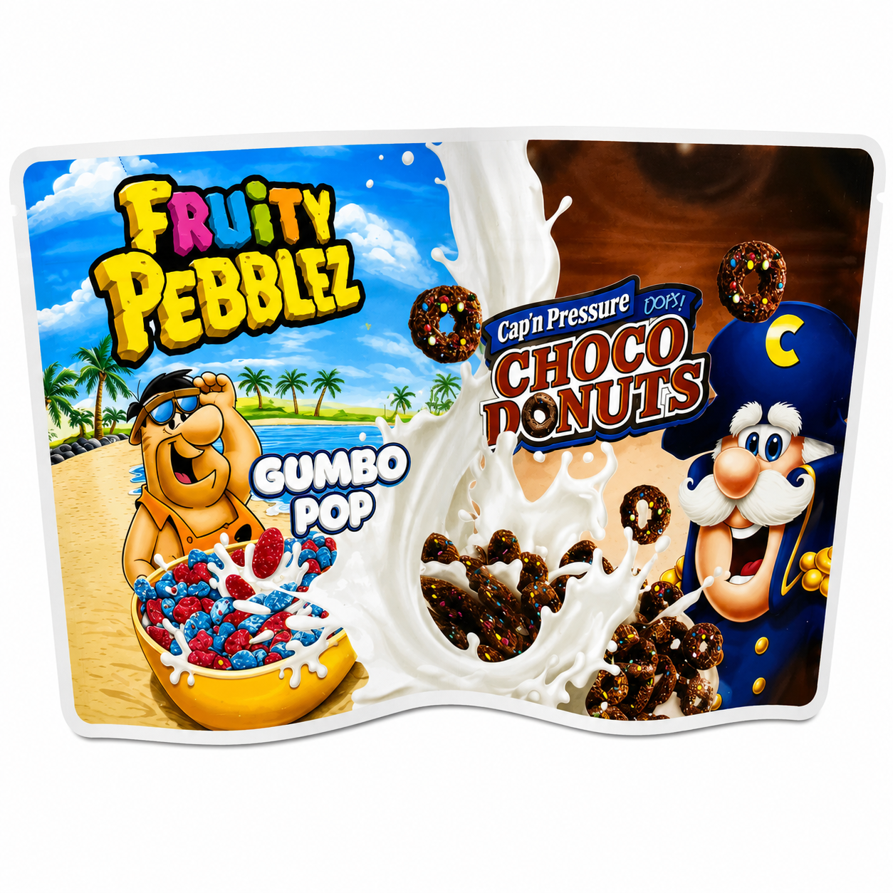 Fruity Pebblez Gumbo Pop x Cap'n Pressure Choco Donuts 2-in-1 Mylar Bags | 7g Exotic Resealable Storage Bags