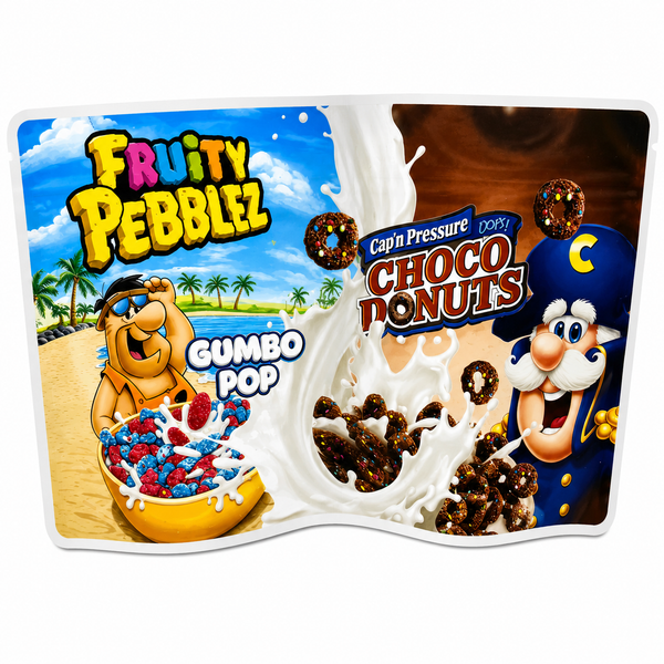 Fruity Pebblez Gumbo Pop x Cap'n Pressure Choco Donuts 2-in-1 Mylar Bags | 7g Exotic Resealable Storage Bags