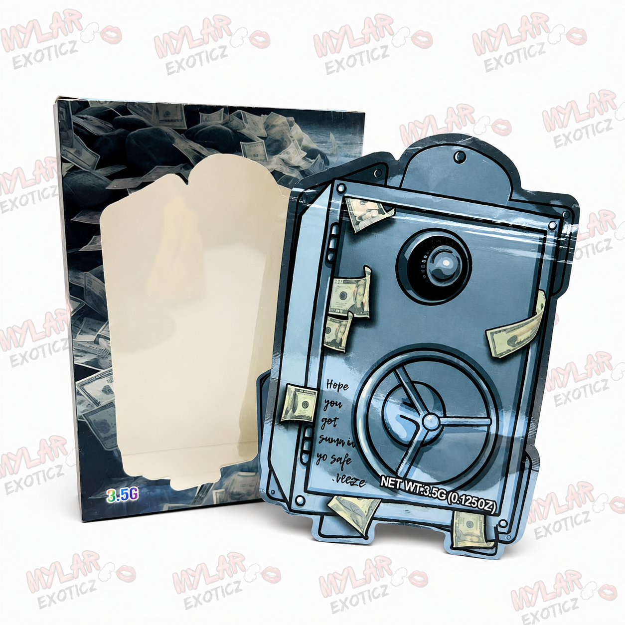 Safe Bank Mylar Bags + Matching Window Boxes | 3.5g Exotic Resealable Storage Set