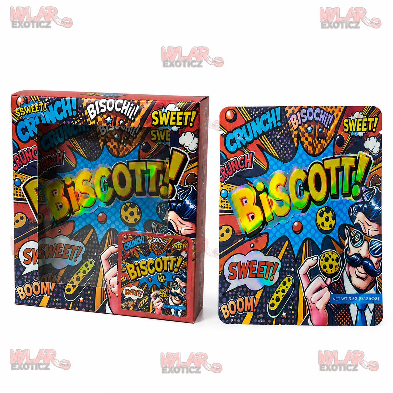 Biscott! Sweet Mylar Bags + Matching Window Boxes | 3.5g Exotic Resealable Storage Set