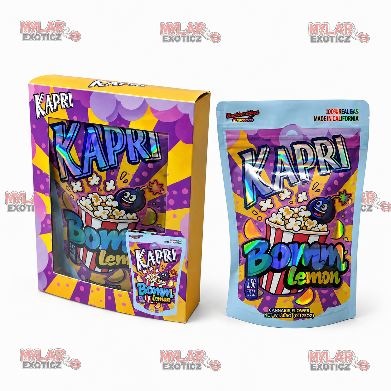 Kapri Bomm Popcorn Mylar Bags + Matching Window Boxes | 3.5g Exotic Resealable Storage Set