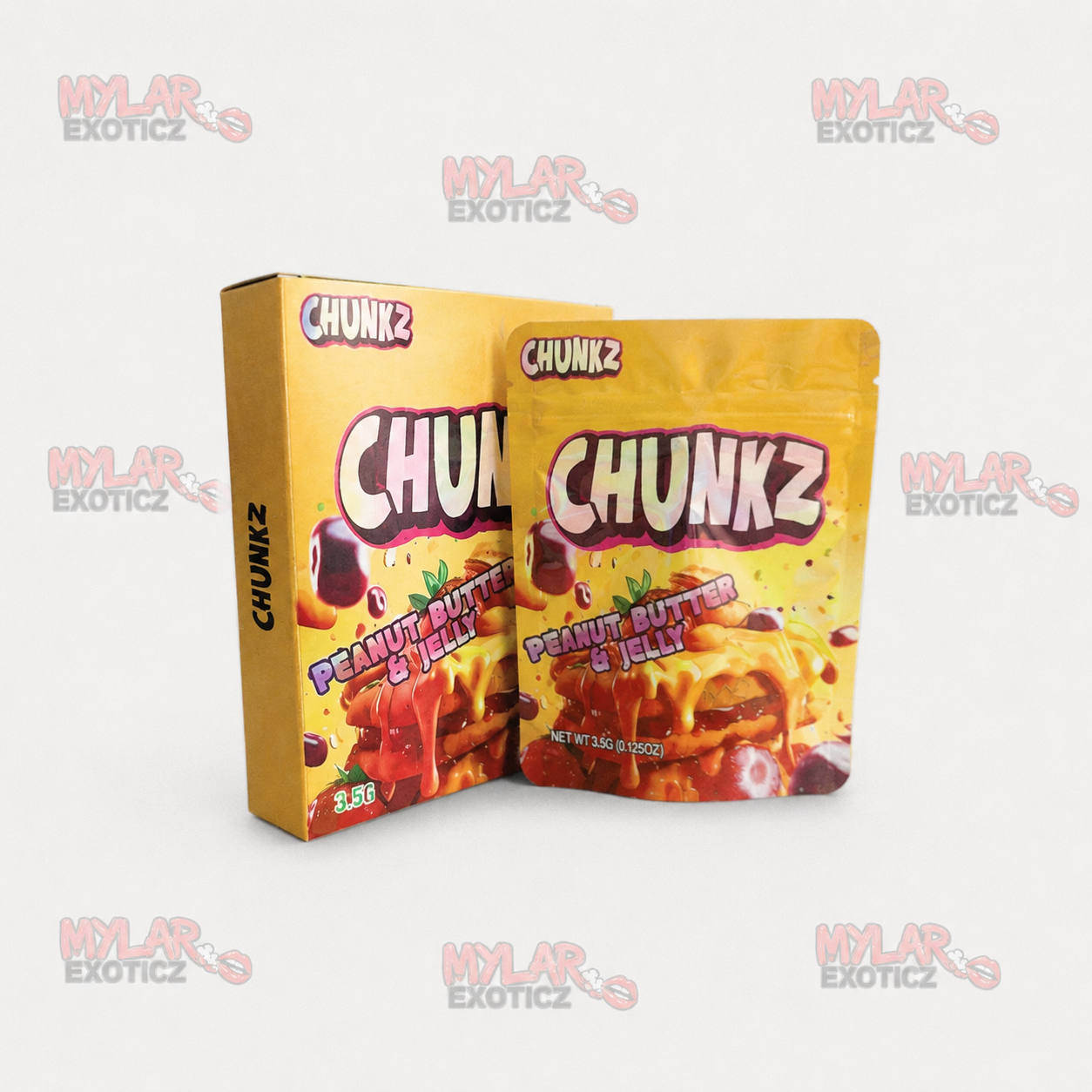 Chunkz Peanut Butter & Jelly Mylar Bags + Matching Boxes | 3.5g Exotic Resealable Storage Set