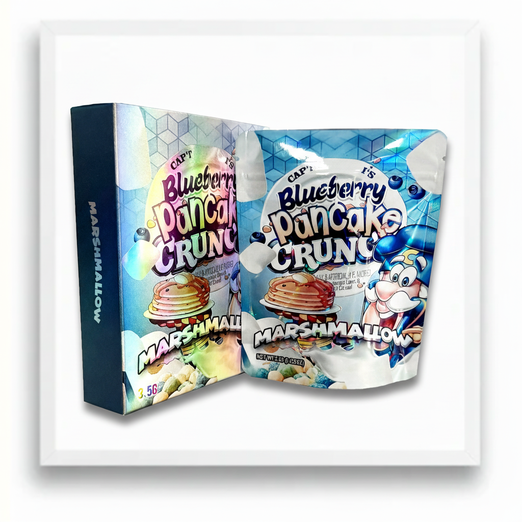 Blueberry Pancake Crunch Mylar Bags + Boxes | 100pc 3.5g Exotic Holographic Storage Set – Resealable & Smell-Proof Mylar Exoticz