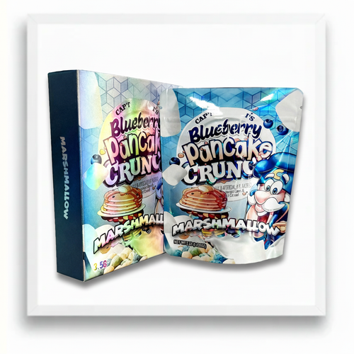 Blueberry Pancake Crunch Mylar Bags + Boxes | 100pc 3.5g Exotic Holographic Storage Set – Resealable & Smell-Proof Mylar Exoticz