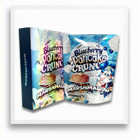 Blueberry Pancake Crunch Mylar Bags + Boxes | 100pc 3.5g Exotic Holographic Storage Set – Resealable & Smell-Proof Mylar Exoticz