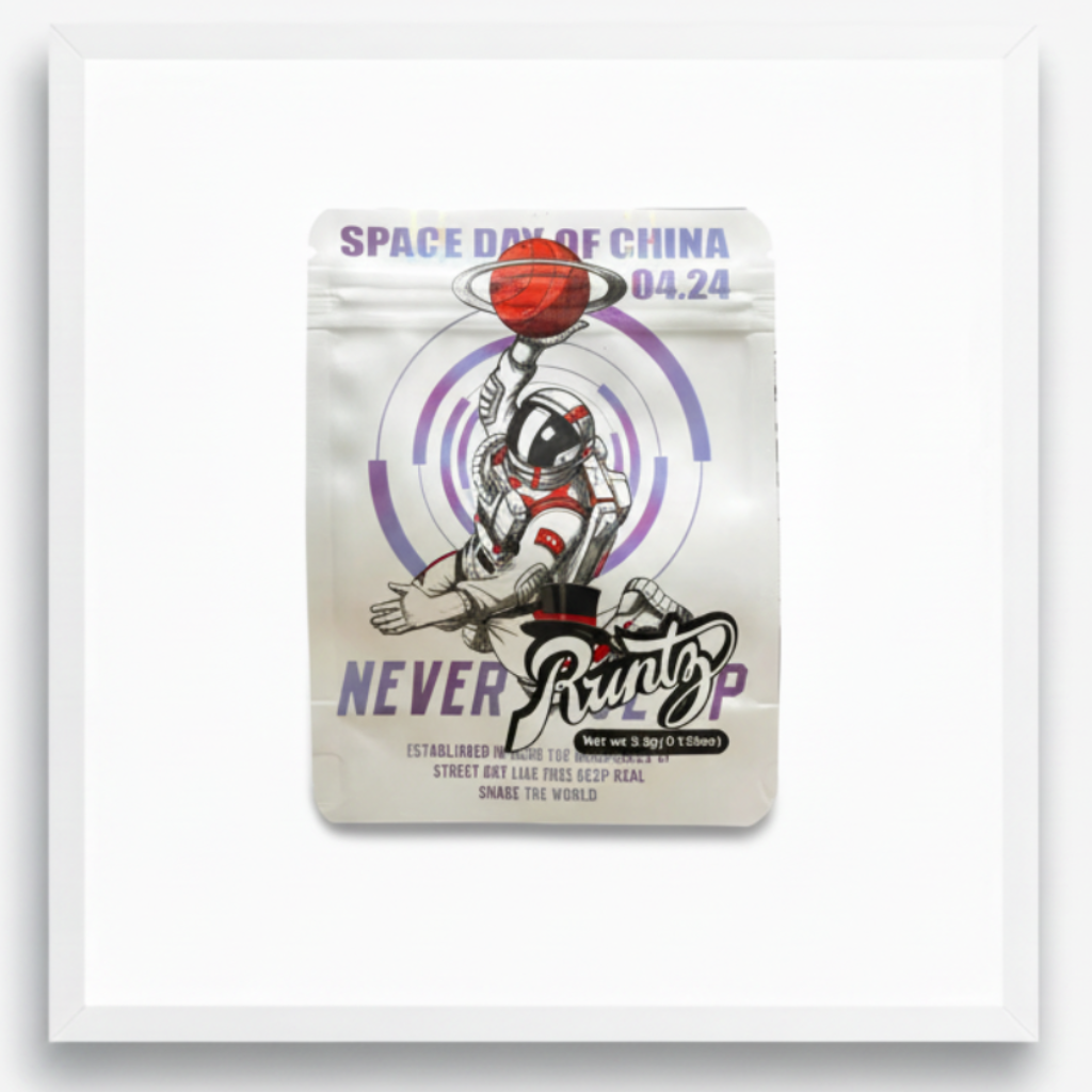 Never Runtz Space Dawg of China Mylar Bags Premium Card
