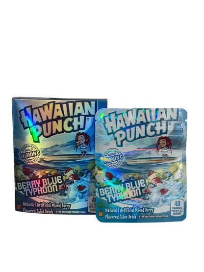 50-Pack 3.5g Mylar Bags + 50 Cereal Boxes – Hawaiian Punch Berry Blue Typhoon Edition Mylar Exoticz