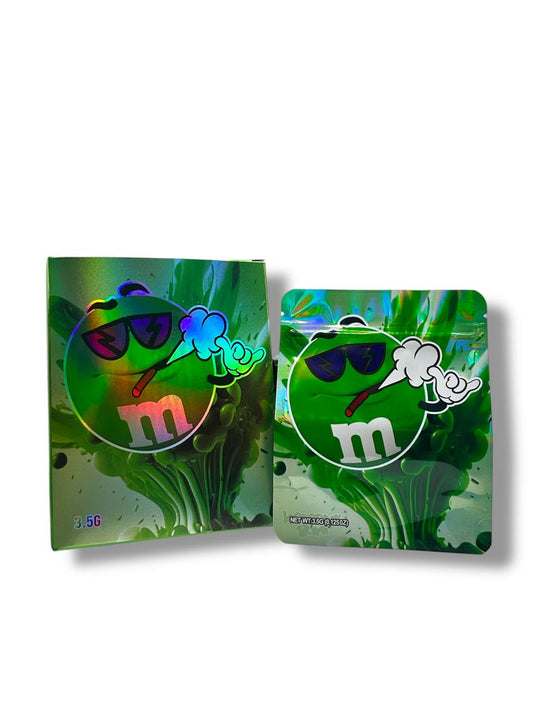 Green M&M Mylar Bags + Boxes | 100pc 3.5g Exotic Storage Set Mylar Exoticz
