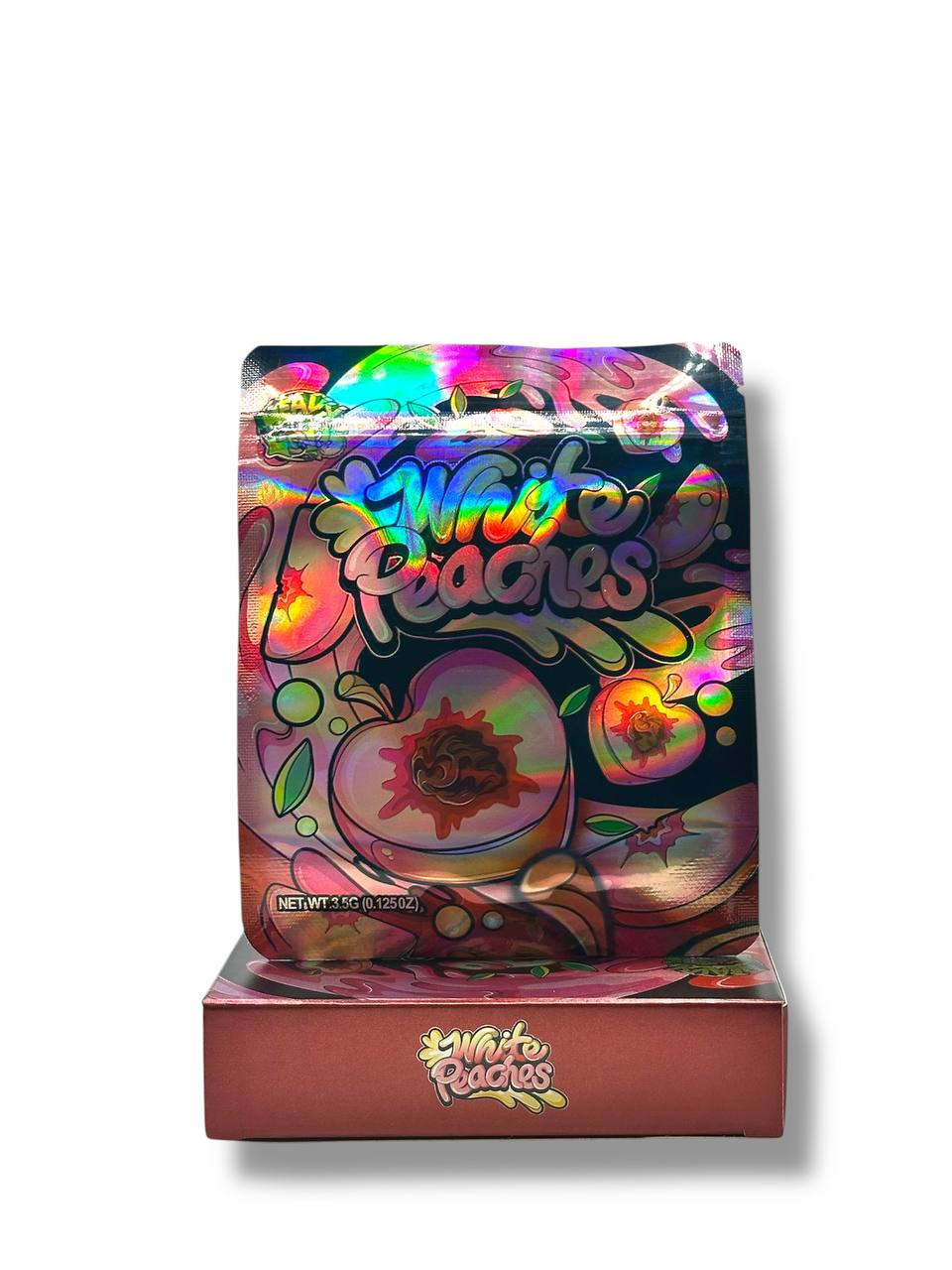 White Peaches Mylar Bags + Boxes | 100pc 3.5g Exotic Storage Set Mylar Exoticz