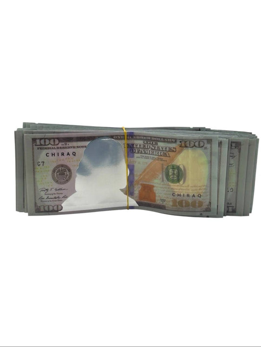 Money Bags Mylar | 100pc 3.5g Exotic Storage Set – $100, $50, $20 Bill Designs Mylar Exoticz