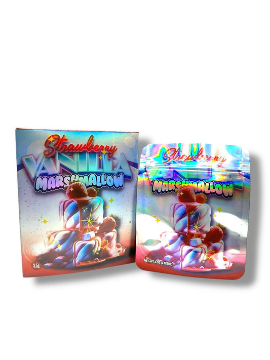 Strawberry Vanilla Marshmallow Mylar Bags + Boxes | 100pc 3.5g Exotic Resealable Storage Set Mylar Exoticz