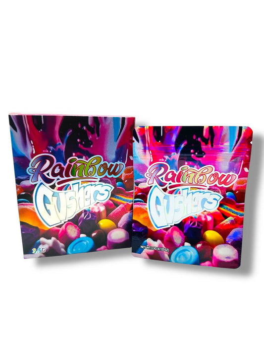 Rainbow Gushers Mylar Bags + Boxes | 100pc 3.5g Exotic Resealable Storage Set Mylar Exoticz